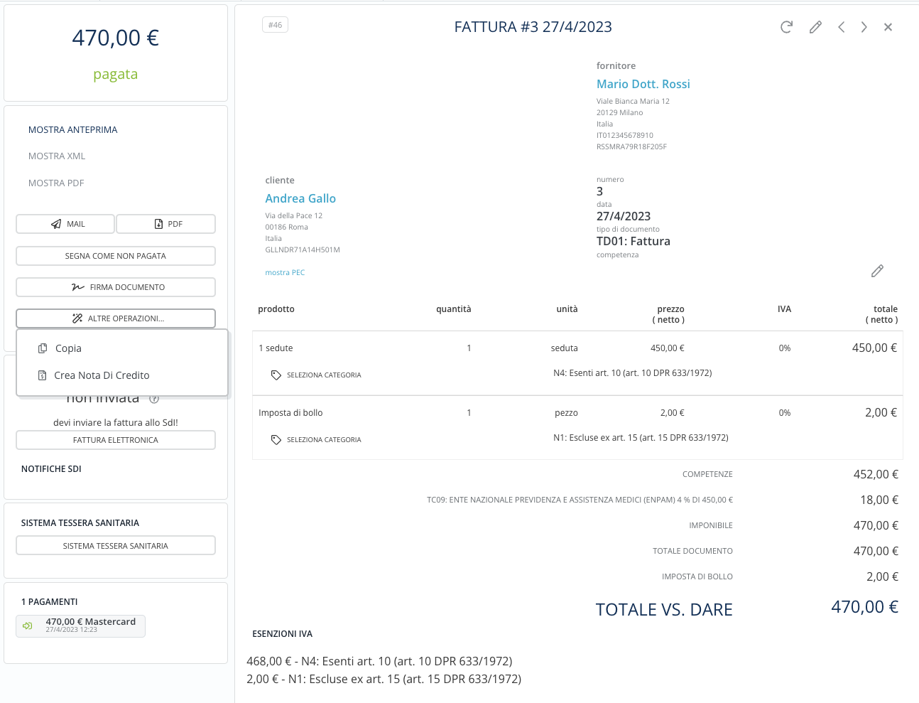 Crea Nota di Credito Beebeeboard